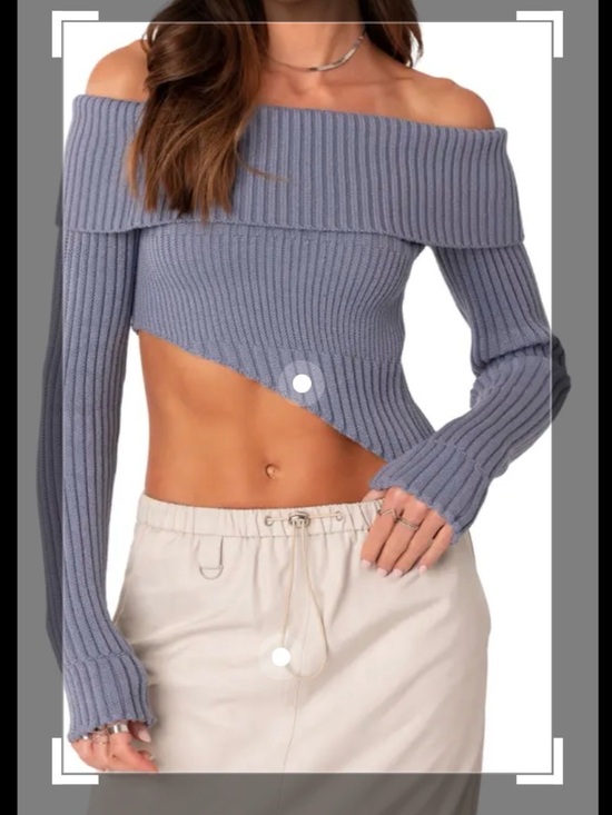 Edikted Sweaters - Edikted Women’s Asymmetric Off-Shoulder Ribbed Sweater Dusty Blue Large